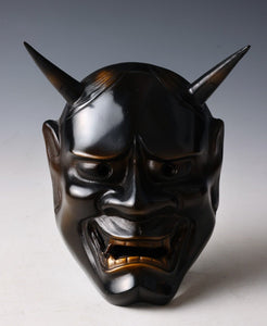 Japanese Vintage Iron Noh Mask Hannya 般若 -Jealousy Woman- with a Wooden Box