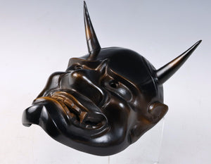 Japanese Vintage Iron Noh Mask Hannya 般若 -Jealousy Woman- with a Wooden Box