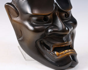 Japanese Vintage Iron Noh Mask Hannya 般若 -Jealousy Woman- with a Wooden Box