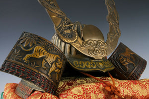 Largest Massive Old Vintage Japanese Samurai Helmet -Rising Dragon and Tiger-