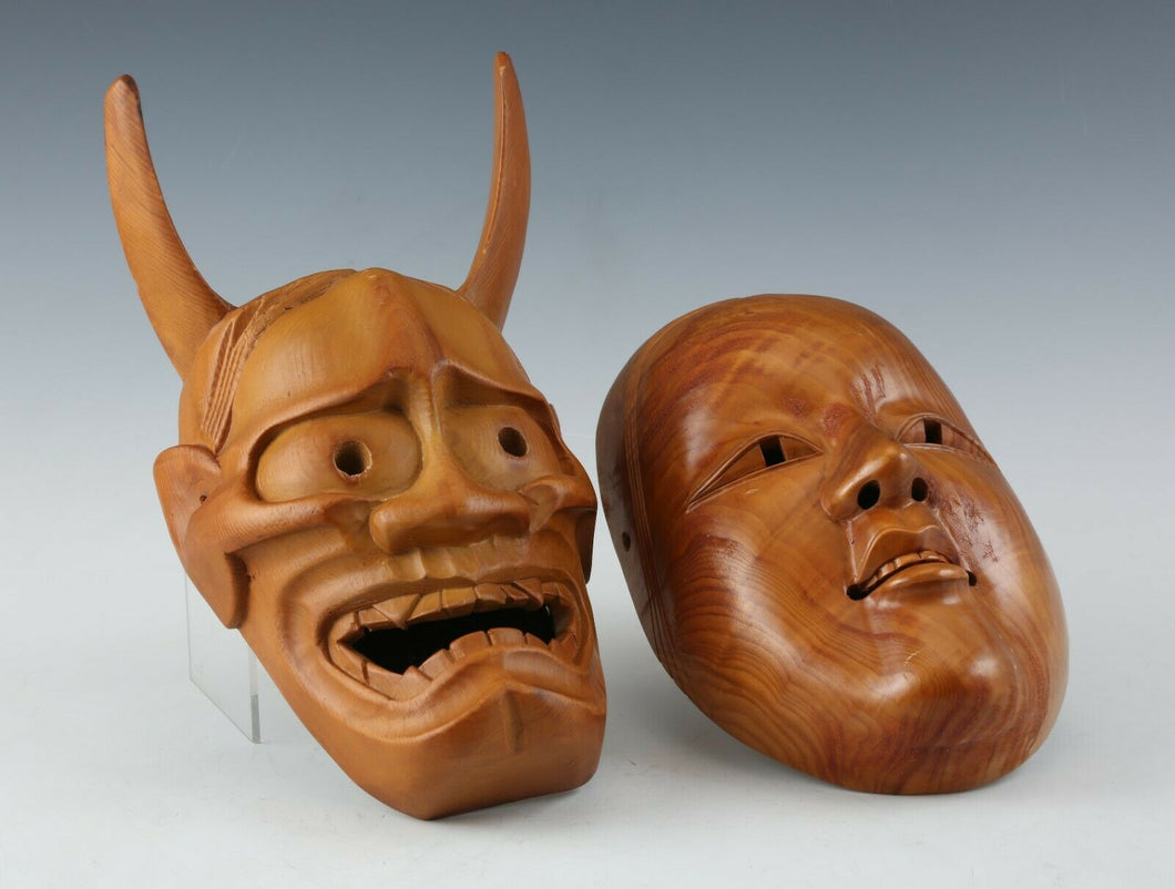 Vintage Japanese Wooden Noh Mask Hannya with Ko-Omote Yang Lady Pair