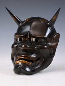 Japanese Vintage Iron Noh Mask Hannya 般若 -Jealousy Woman- with a Wooden Box