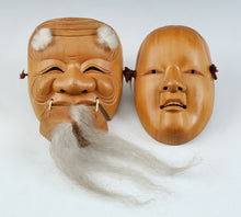 Vintage Japanese Wooden Noh Mask Okina with Ko-Omote Yang Lady Pair