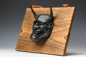 Nice Vintage Iron Noh Mask and with a Wooden Board Hannya 般若 -Jealousy Woman-