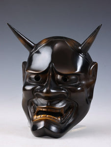 Japanese Vintage Iron Noh Mask Hannya 般若 -Jealousy Woman- with a Wooden Box