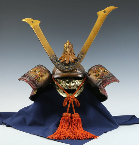 Old Vintage Japanese Samurai Helmet -Yoshitsune Kabuto- with a Mask Tsushima