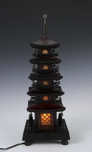 Japanese Old Vintage Wooden Figure FIVE STORIED PAGODA Lamp 五重塔