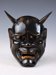 Japanese Vintage Iron Noh Mask Hannya 般若 -Jealousy Woman- with a Wooden Box