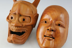 Vintage Japanese Wooden Noh Mask Hannya with Ko-Omote Yang Lady Pair