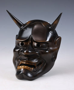 Japanese Vintage Iron Noh Mask Hannya 般若 -Jealousy Woman- with a Wooden Box