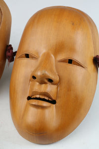 Vintage Japanese Wooden Noh Mask Okina with Ko-Omote Yang Lady Pair