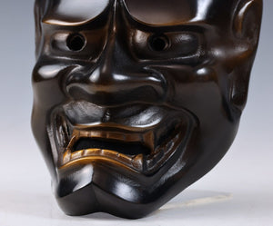 Japanese Vintage Iron Noh Mask Hannya 般若 -Jealousy Woman- with a Wooden Box