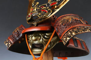 Japanese Samurai Kabuto Helmet -big dragon with a mask- Massive Red Tsushima