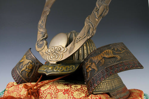 Largest Massive Old Vintage Japanese Samurai Helmet -Rising Dragon and Tiger-